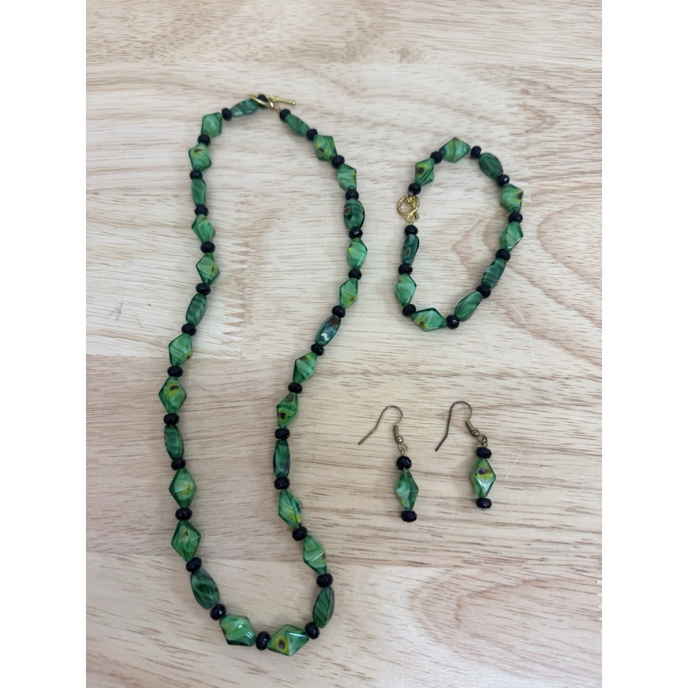 Vintage Czech Art Glass Necklace Bracelet Earrings Set Green Slag Malachite